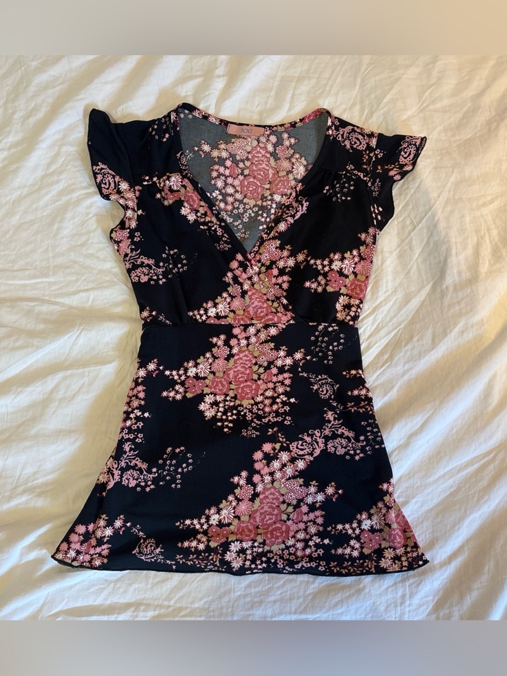 Y2K vintage Forever 21 Black Floral Wrap-Style Top with Pink Print